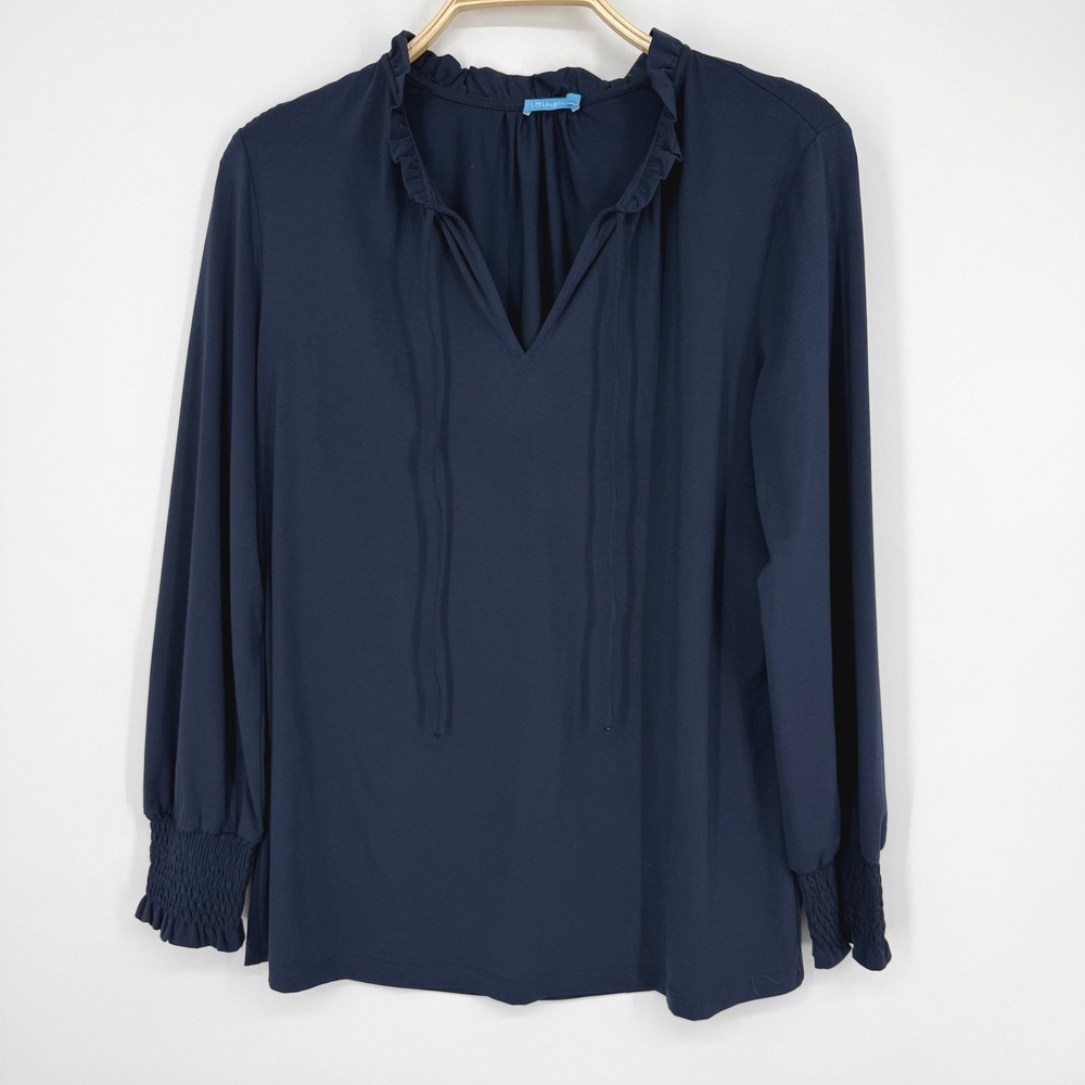 J.McLaughlin Blouse Womens Medium Navy Blue Excellent Ruffle Neck Smocked Cuff